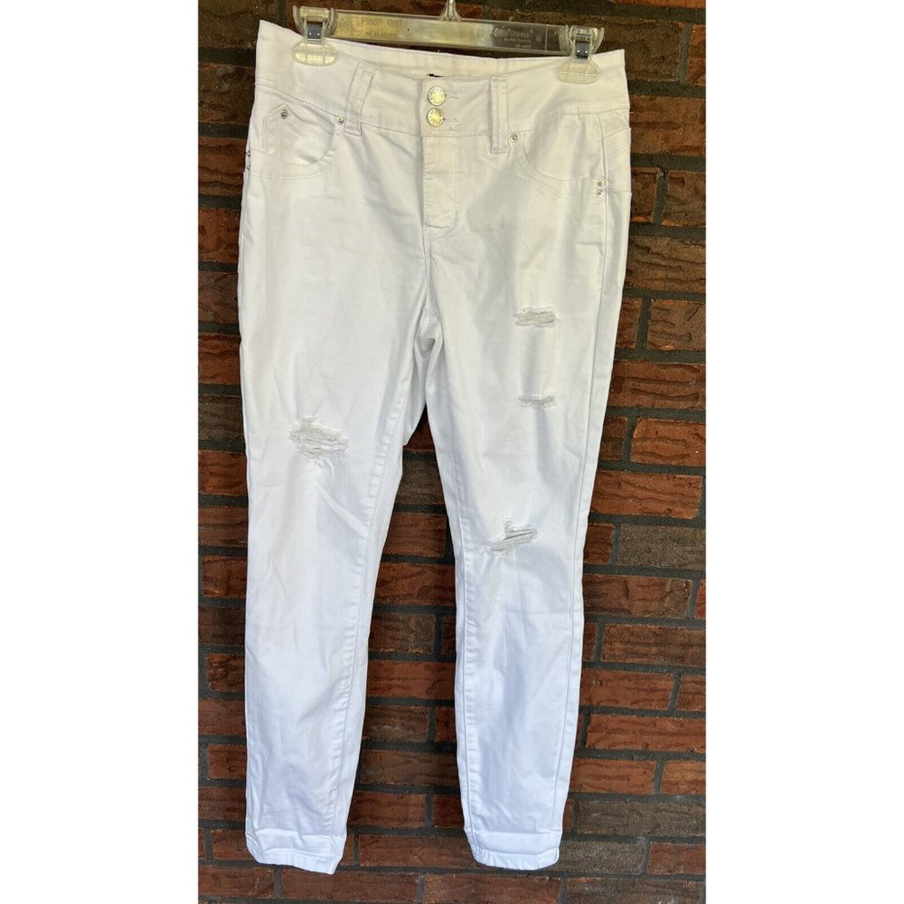 White Stretch Jeans Sz 4 Royalty For Me Wanna Betta Butt Distressed Straight Leg